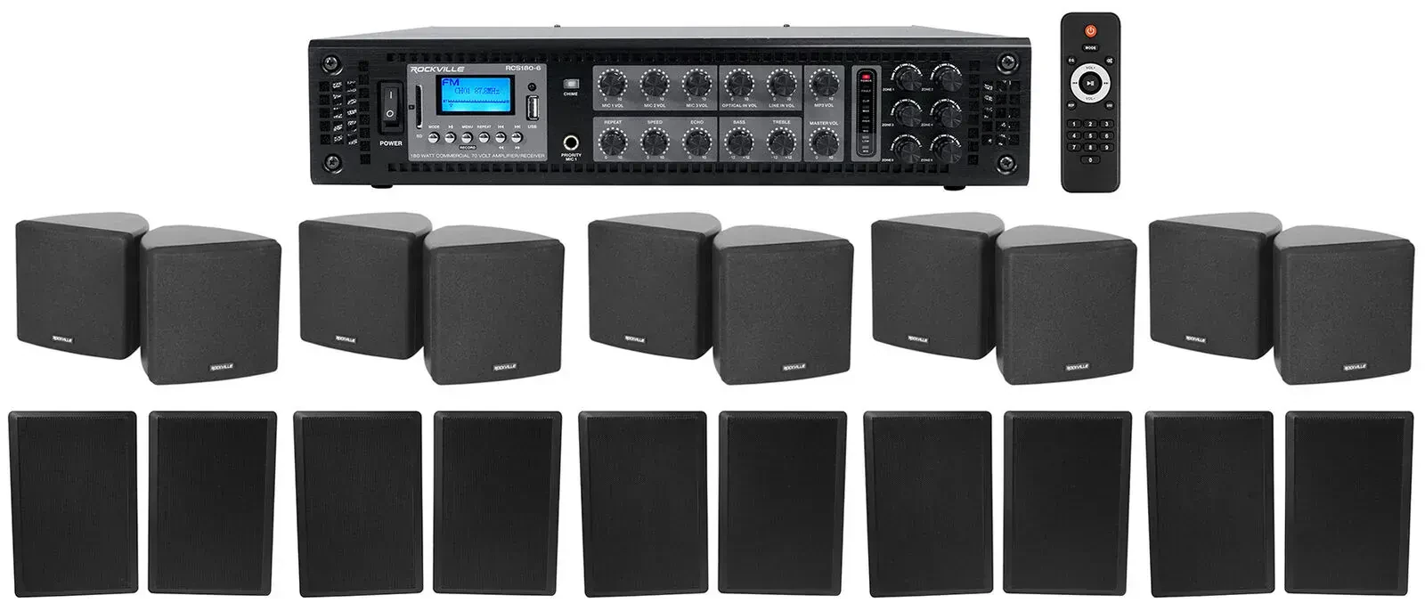 Трансляционный усилитель Rockville RCS180-6+(5) Cube 70v Black+(5) Rockslim с комплектом акустики