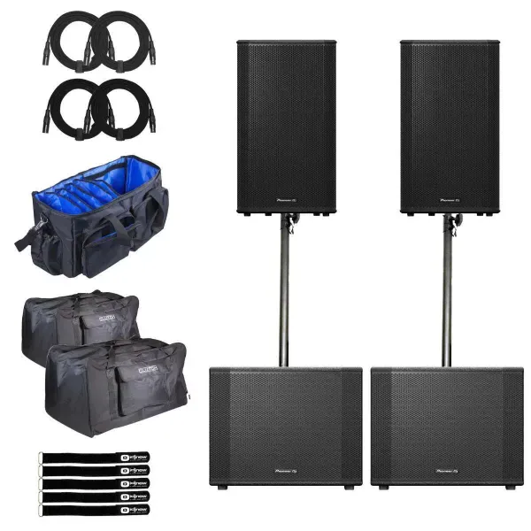 Pioneer DJ XPRS152 15" Powered DJ PA Speakers w 15" Subwoofers Pair Package