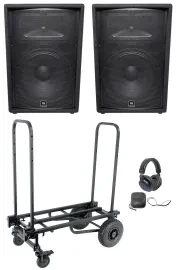 (2) JBL Pro JRX215 1000w 15" Passive DJ PA Speakers+Transport Cart+Headphones