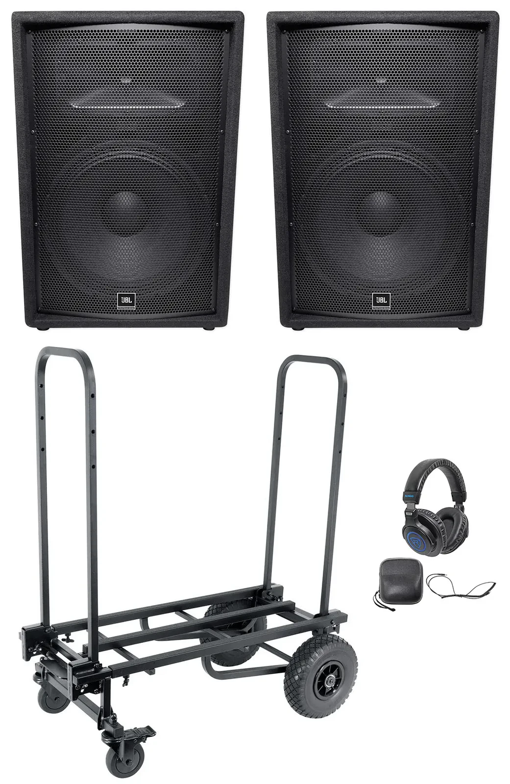 (2) JBL Pro JRX215 1000w 15" Passive DJ PA Speakers+Transport Cart+Headphones