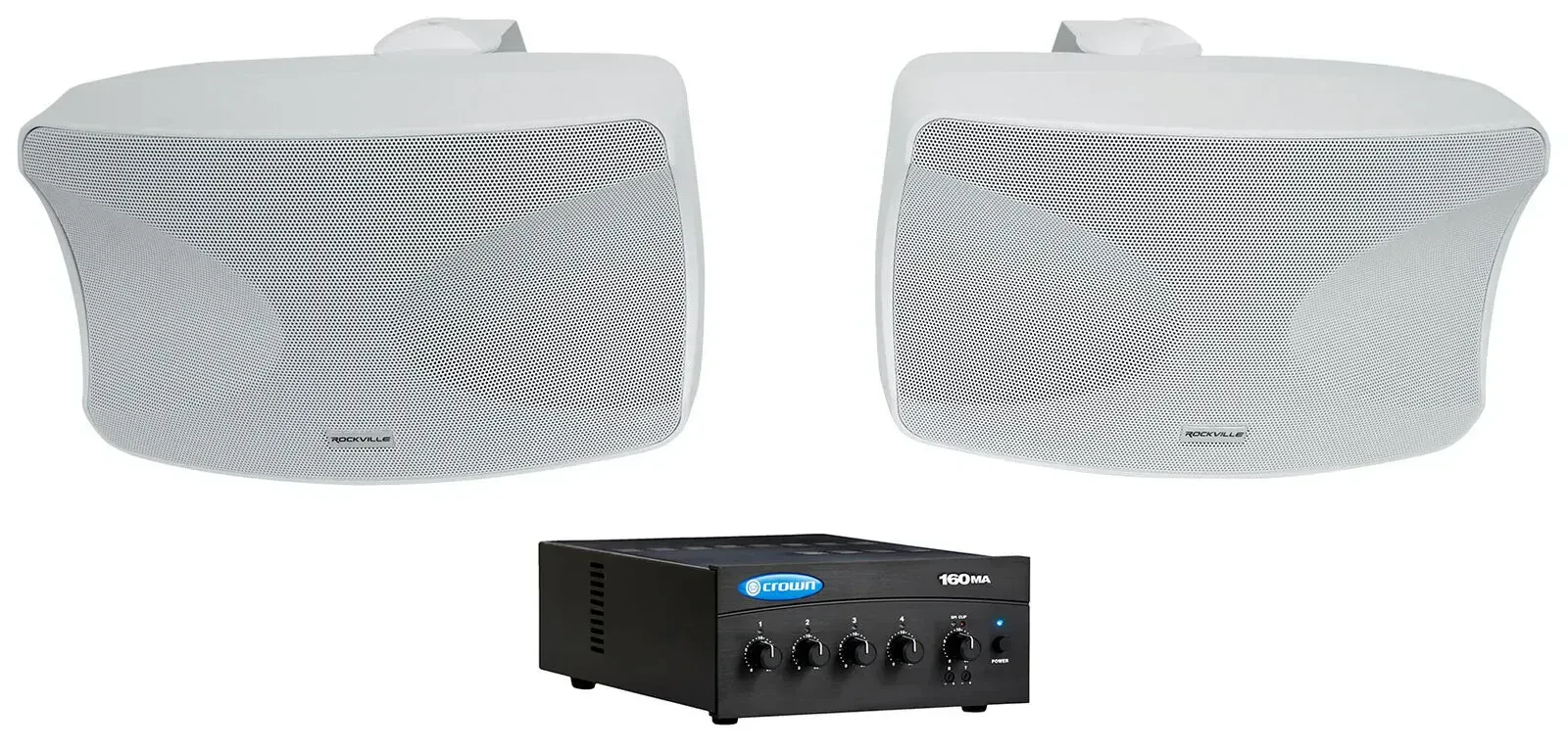 Crown 160MA 60w Commercial 70V Amplifier+(2) Indoor/Outdoor White Wall Speakers
