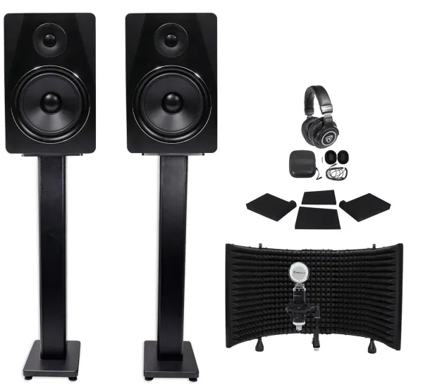 2) Rockville APM8B 8" 500w Studio Monitors+36" Stands+Pads+Headphones+Mic+Shield