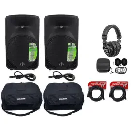 (2) New Mackie SRM350-V3 10" Powered Speakers+Travel Bags+Headphones+Cables