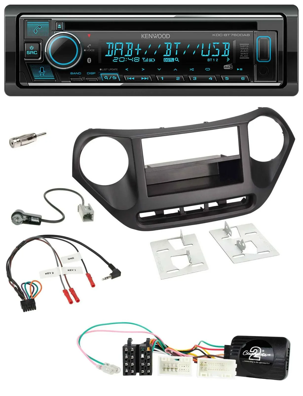 Автомагнитола Kenwood Bluetooth DAB USB CD для Hyundai i10 (с 2014), черная, с поддержкой кнопок на руле