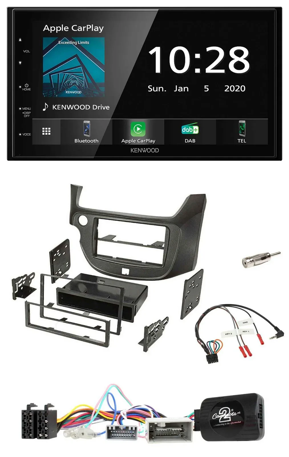 Kenwood Bluetooth Lenkrad DAB USB 2DIN Autoradio für Honda Jazz ab 14 dunkelgrau
