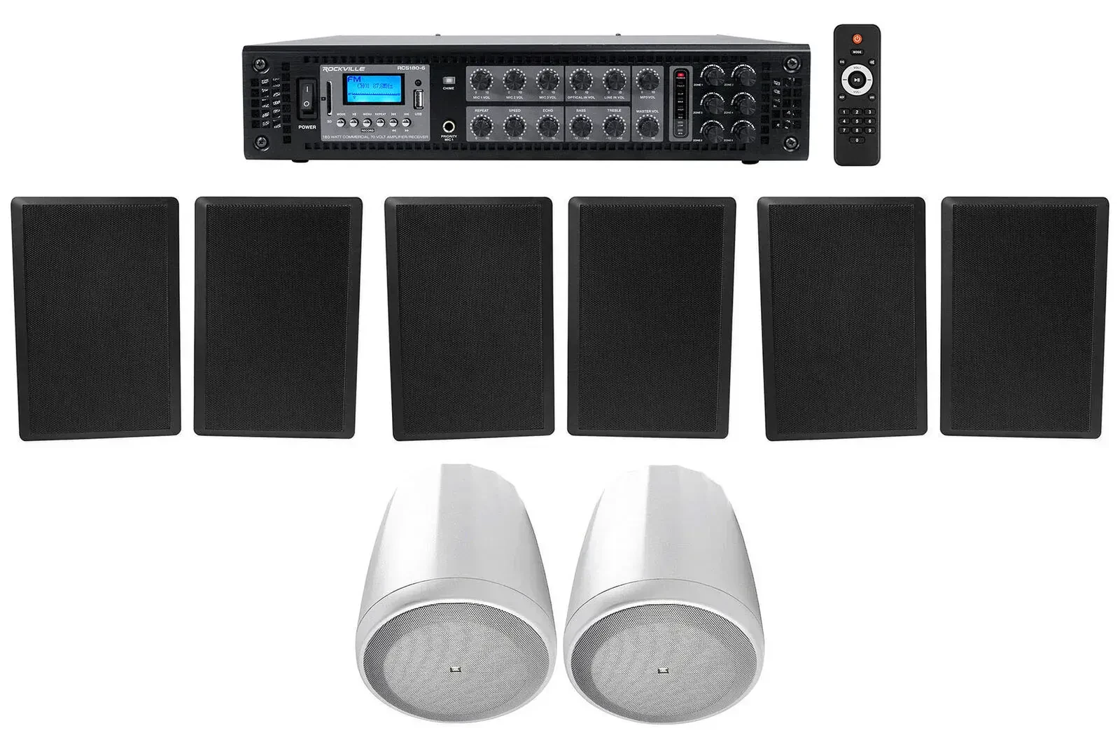 Трансляционный усилитель Rockville RCS180-6+Rock Slim 70B+Control 65P/T-WH с комплектом акустики