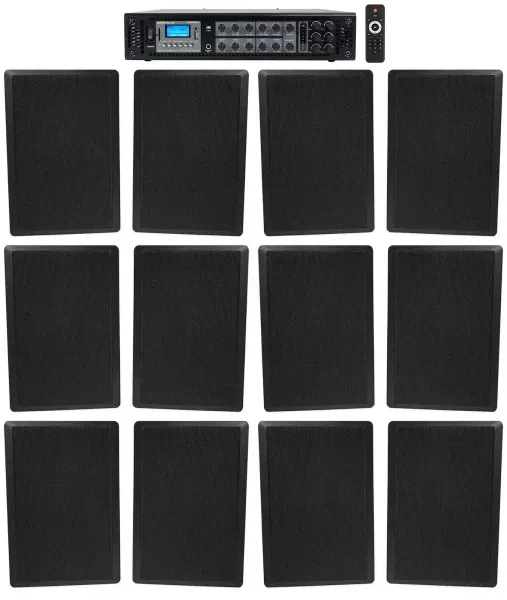 Rockville 6-Zone 70v Amplifier+(12) Slim Black Restaurant/Bar/Cafe Wall Speakers