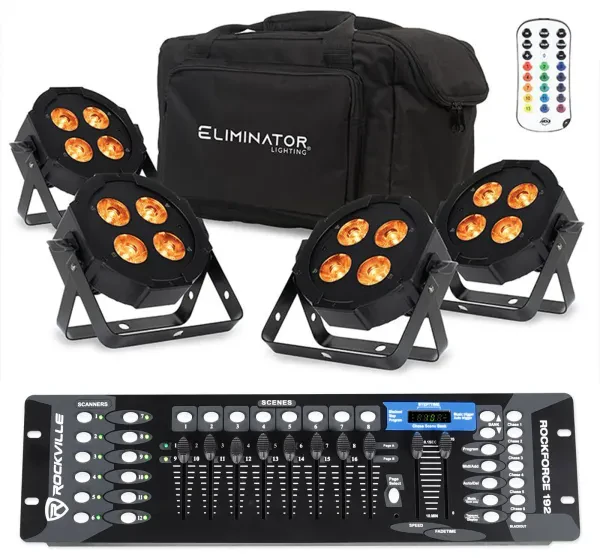 Светодиодный прибор American DJ MEGA FLAT HEX L PAK4 RGBLA+UV LED с DMX-пультом и аксессуарами (4 штуки)