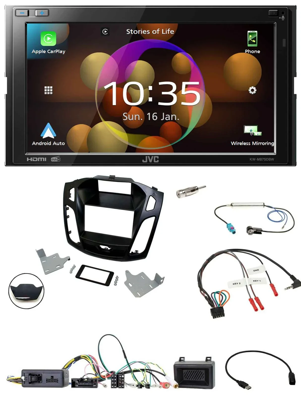 JVC DAB Lenkrad 2DIN Bluetooth USB Autoradio für Ford Focus 2014-2018