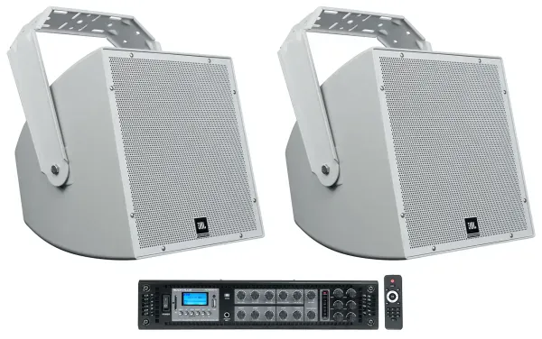 (2) JBL AWC129 12" 200w Indoor/Outdoor 70V Commercial Speakers + Amplifier