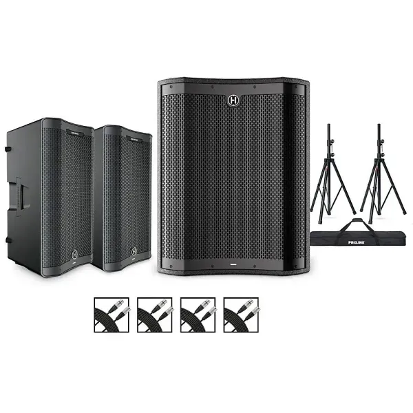 Harbinger VARI 3000 Powered Speakers Package w/VS18 Sub/Stands/Cables 12" Mains