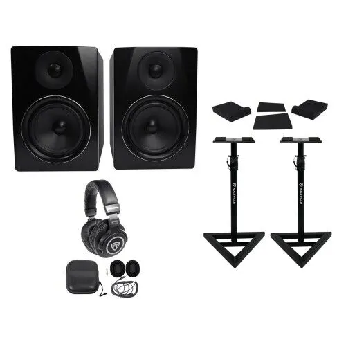 Pair Rockville APM6B 6.5" 350W Powered Studio Monitors+Stands+Pads+Headphones