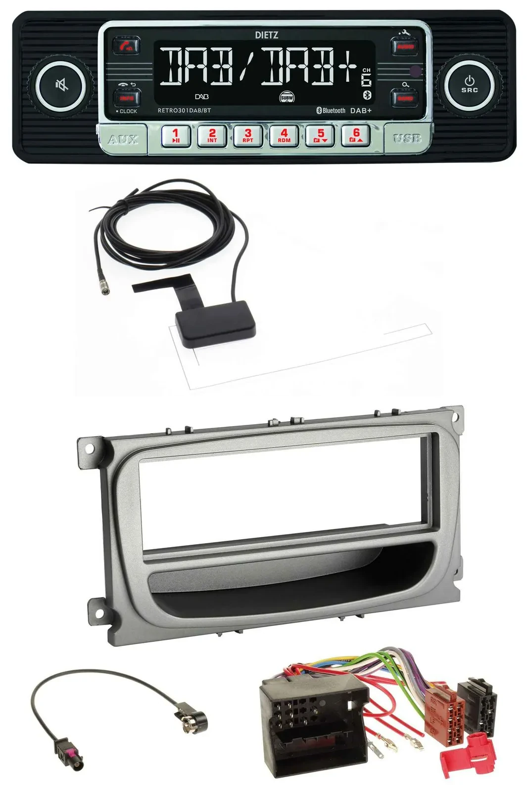 Dietz DAB Bluetooth USB MP3 Autoradio für Ford Mondeo S-Max 07-14 silber Ablagef