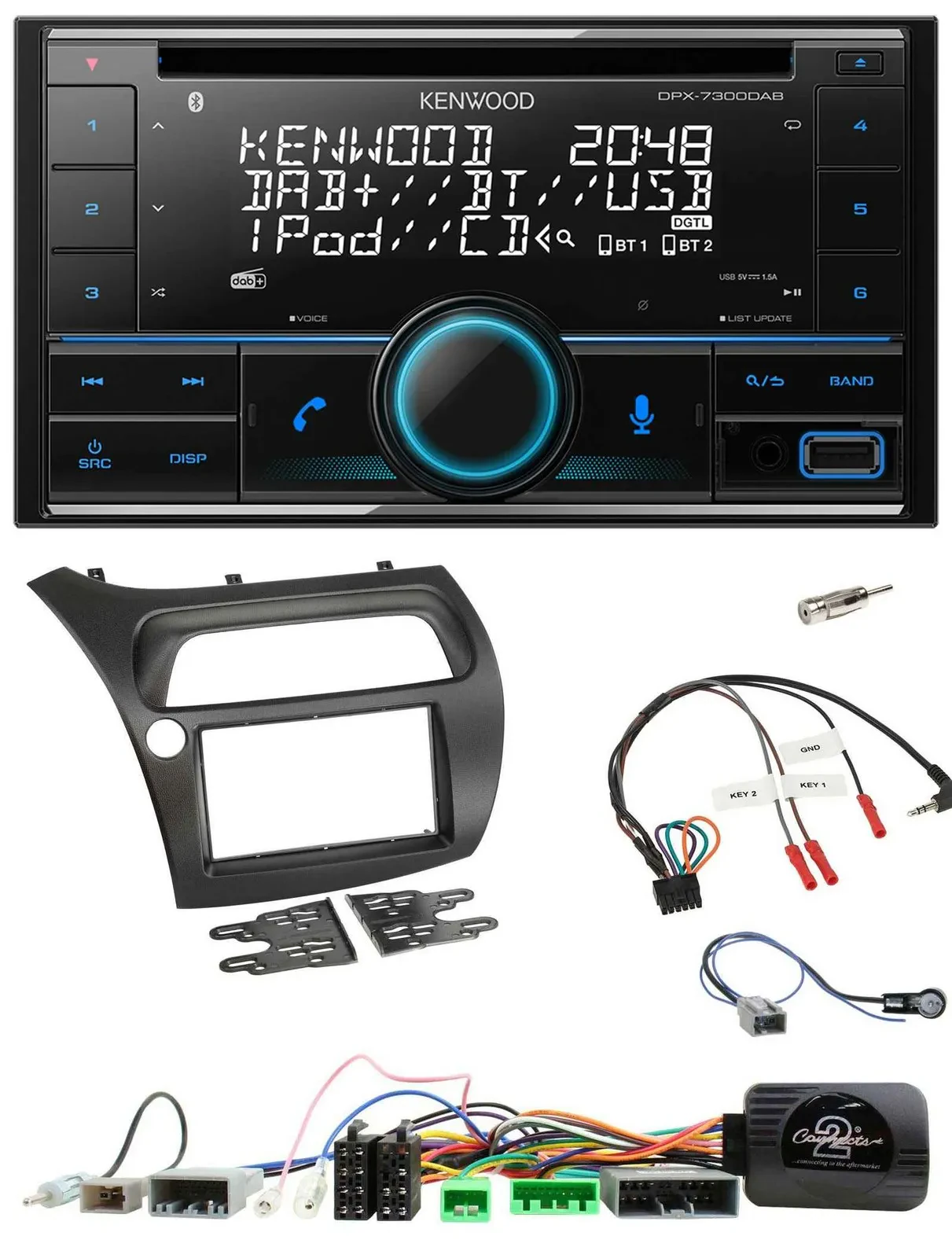 Автомагнитола Kenwood 2DIN, CD, DAB, USB, Bluetooth, совместимая с кнопками на руле, для Honda Civic 2006–2012