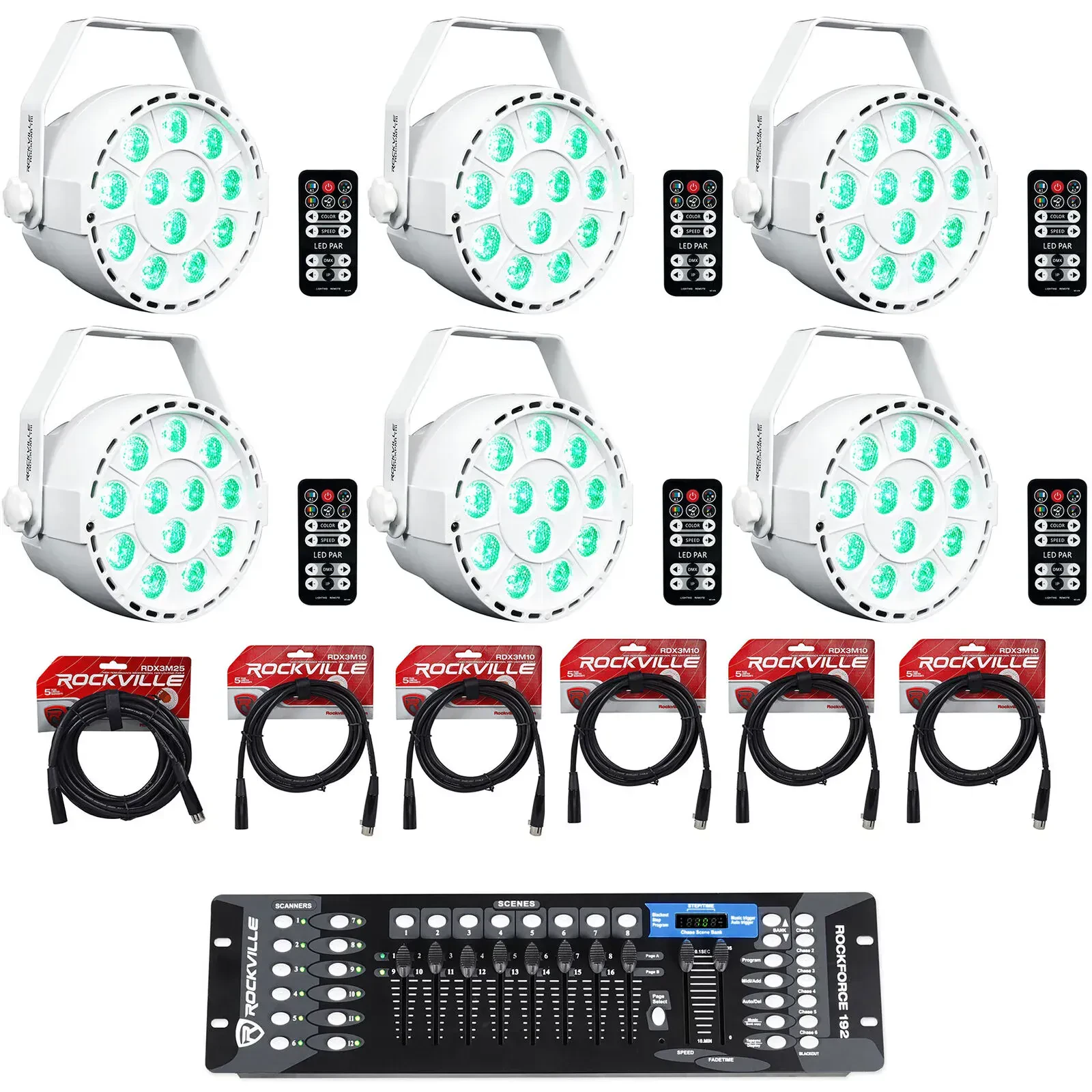 Светодиодный прибор Rockville RockPAR TRI LED RGB White с аксессуарами и DMX-контроллером (6 штук)