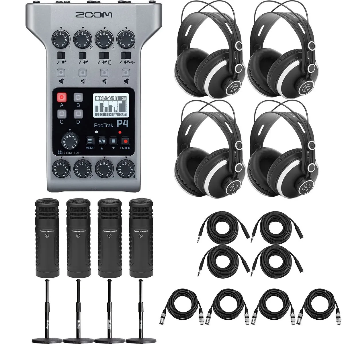 Zoom PodTrak P4 Podcast Recorder, Bundle with 4x Turnstile Audio TAP500 Broadcas