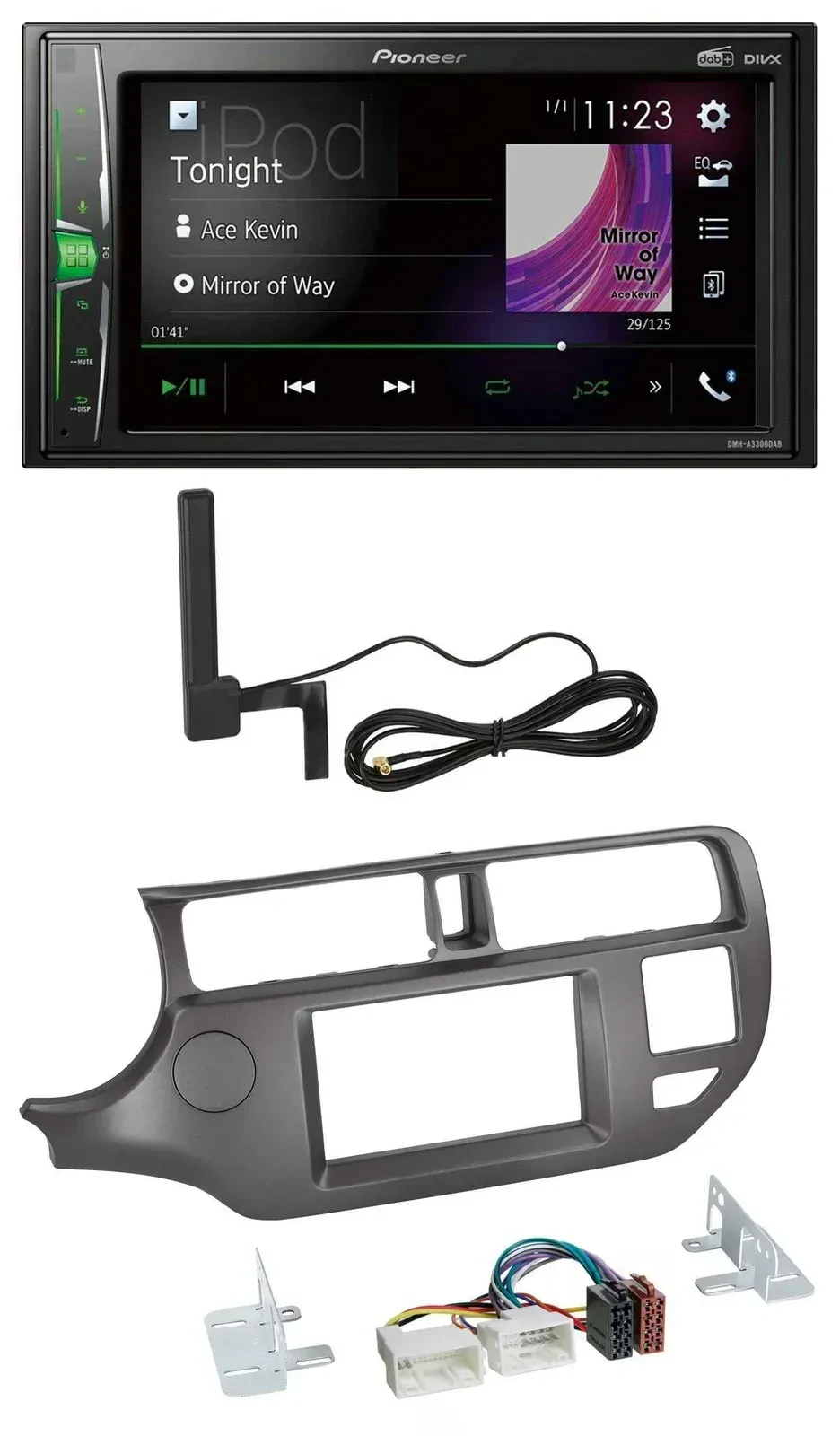 Автомагнитола Pioneer 2DIN, DAB, Bluetooth, AUX, MP3, для Kia Rio (UB) 2011–2014, антрацит