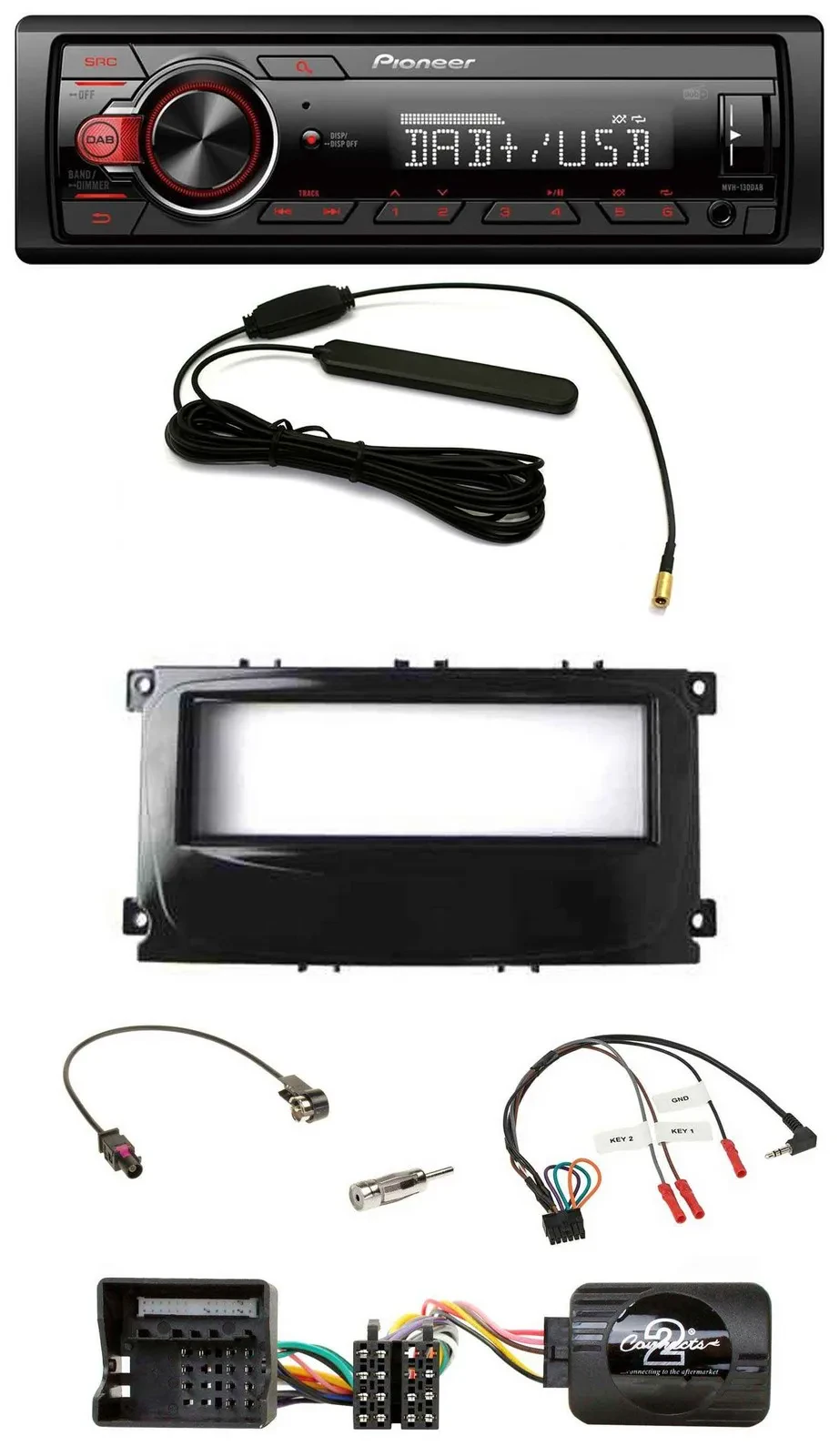 Автомагнитола Pioneer 1DIN, DAB, MP3, USB, для Ford Focus (с 2007), Galaxy, C-Max, управление с руля, черная