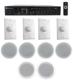 Rockville Amp+(4) 8"+(2) 6.5" White Commercial Ceiling Speakers+Wall Controllers