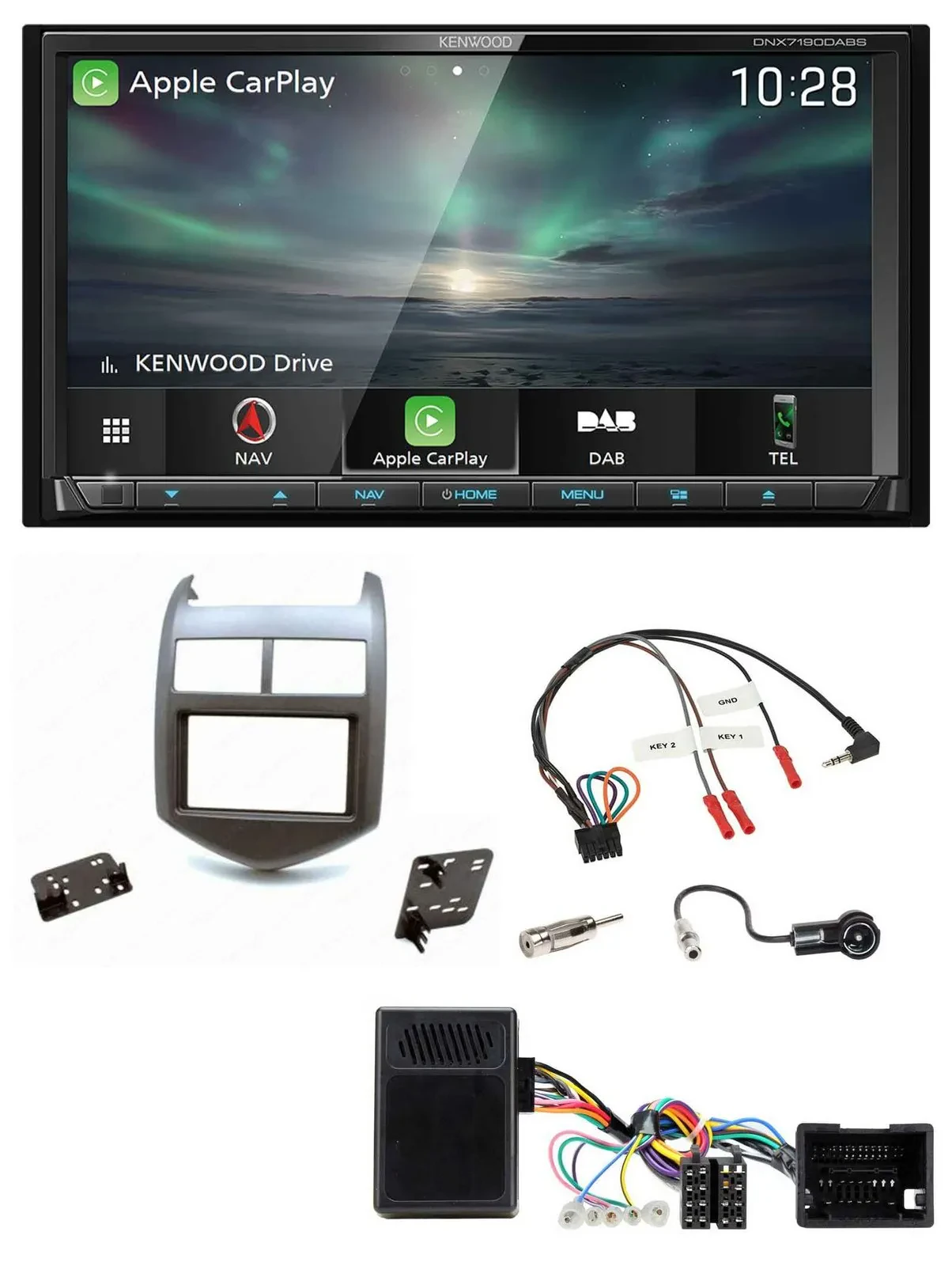 Kenwood Bluetooth USB 2DIN Lenkrad TMC DAB Navigation für Chevrolet Aveo ab 11 d