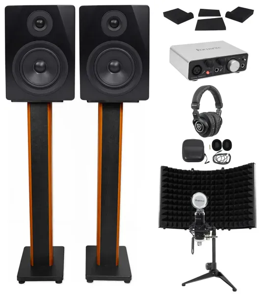 Focusrite Package: Interface+Studio Monitors+Recording Mic+Headphones+36" Stands