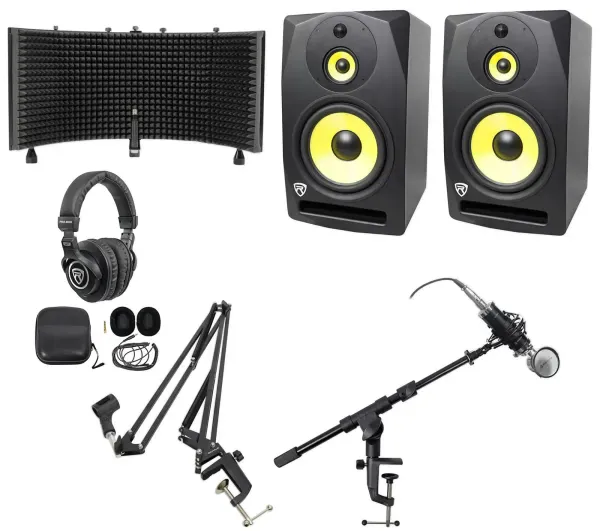 2 Rockville DPM10B 10" 800w Active Studio Monitors+Headphones+Mic+Shield+Boom