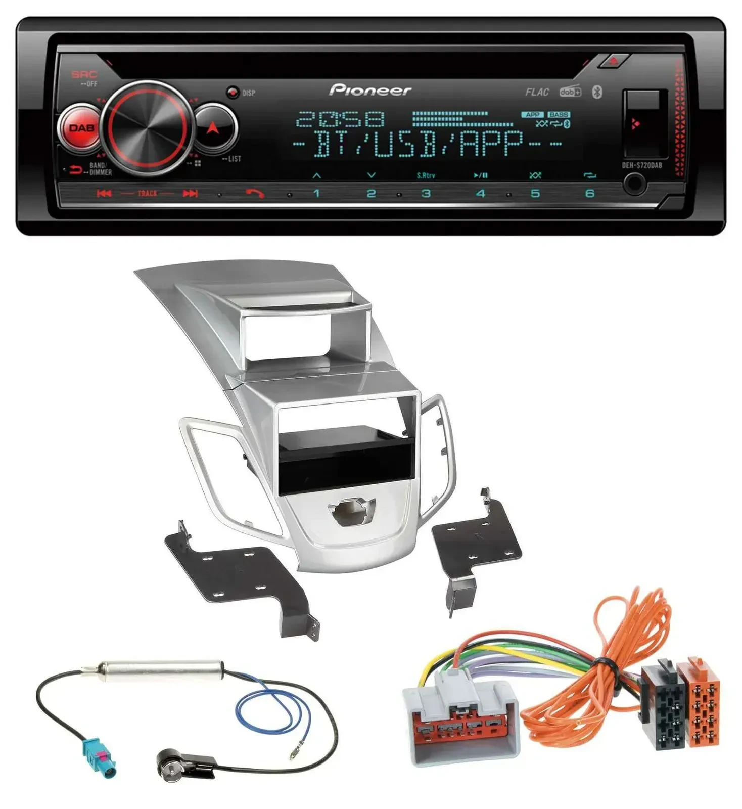Автомагнитола Pioneer MP3, DAB, CD, Bluetooth, USB для Ford Fiesta 2008–2010, серебристая