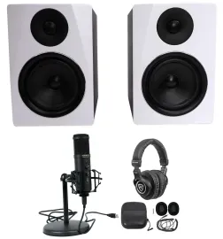 Rockville Recording Bundle w/(2) 6.5" White Studio Monitors+USB Mic+Headphones