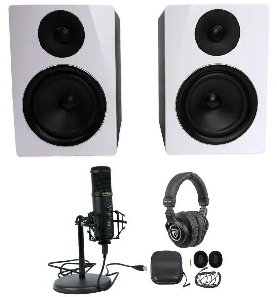 Rockville Recording Bundle w/(2) 6.5" White Studio Monitors+USB Mic+Headphones