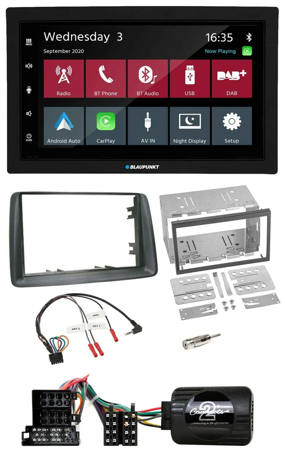Blaupunkt 2DIN Lenkrad USB Bluetooth DAB Autoradio für Fiat Panda 2004-2007 grau