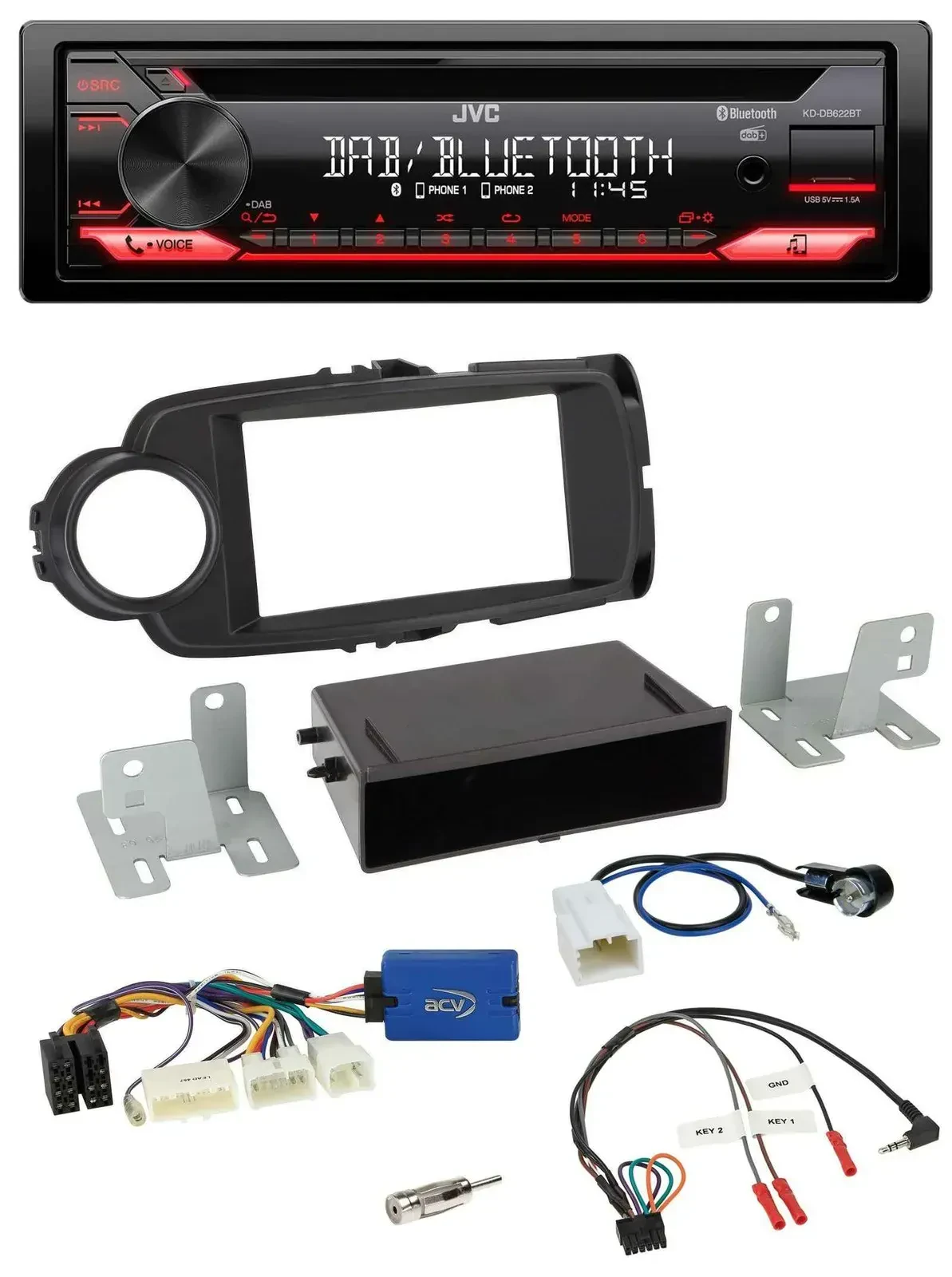 Автомагнитола для Toyota Yaris JVC CD, DAB, USB, Bluetooth, с управлением на руле, черная