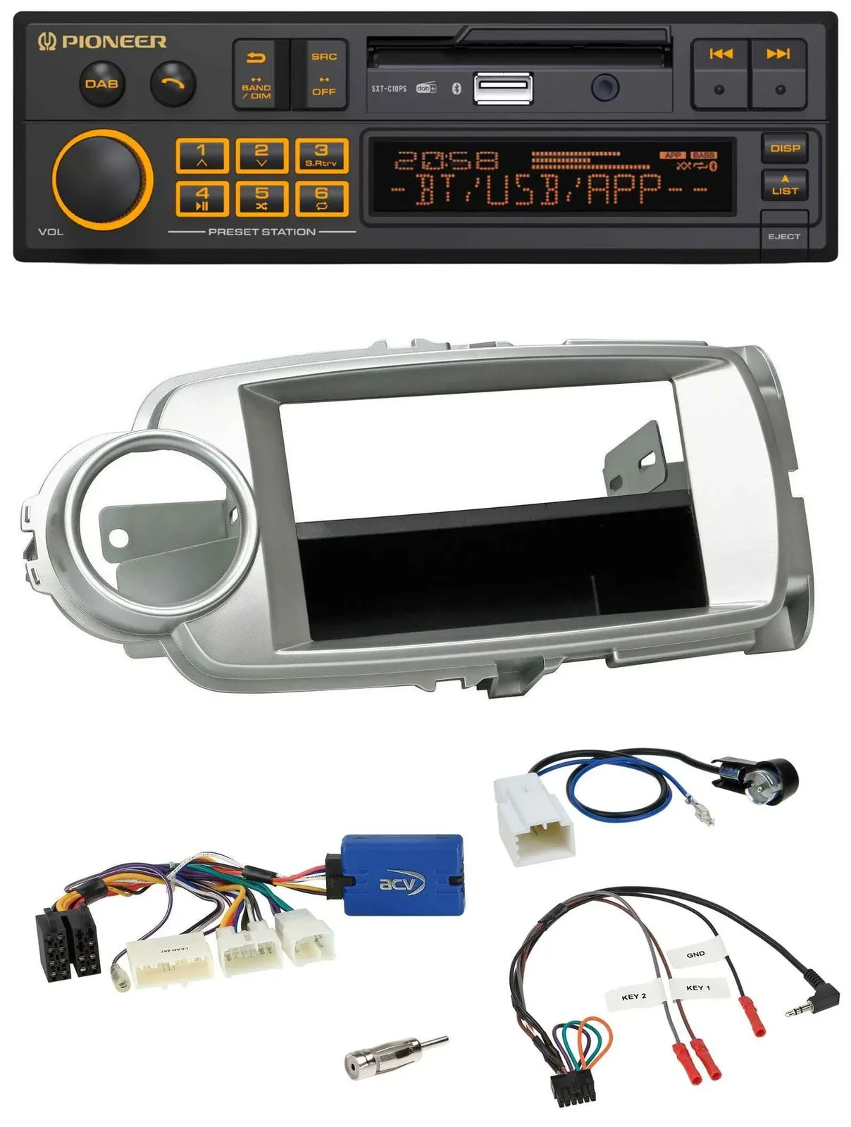 Автомагнитола для Toyota Yaris 2011–2014 Pioneer DAB USB Bluetooth серебристая