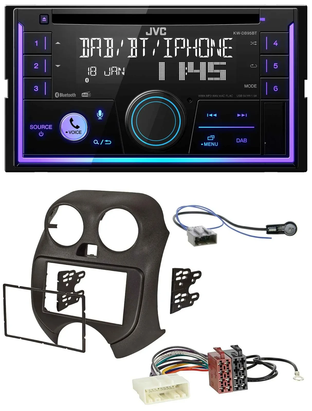 Автомагнитола JVC 2DIN CD MP3 USB Bluetooth DAB для Nissan Micra (2010–2013)