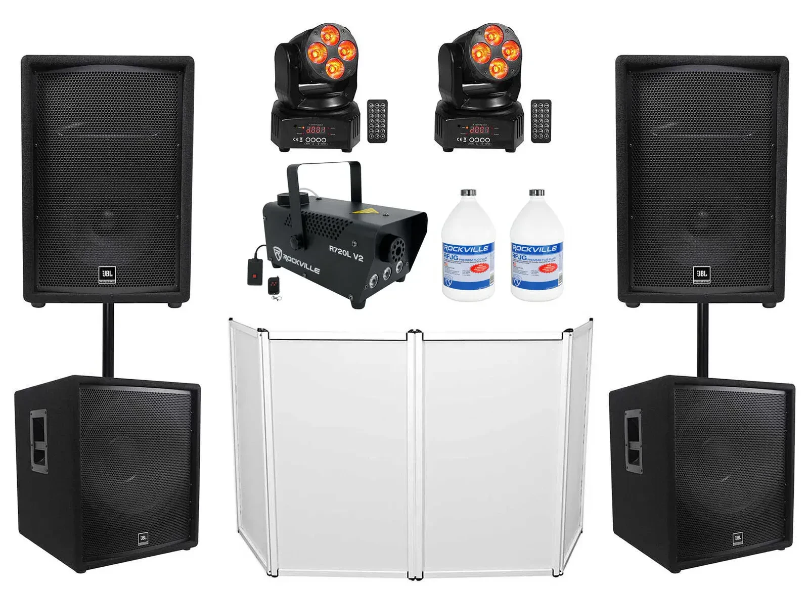 (2) JBL JRX212 1000w 12" DJ P/A Speakers+(2) 18" Subs+Moving Heads+Facade+Fogger