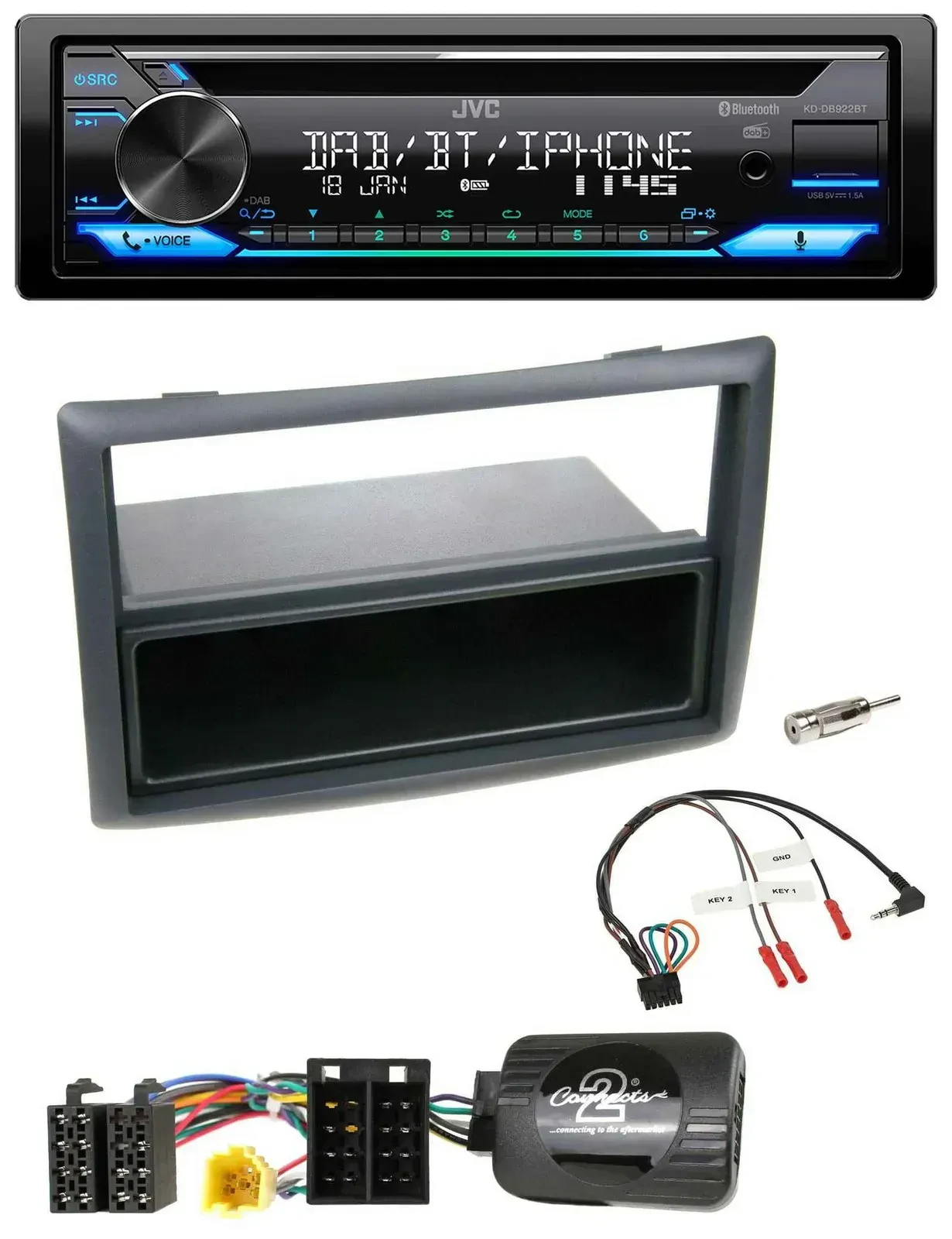 Автомагнитола JVC Bluetooth, USB, DAB, CD для Renault Megane 2007–2008, черный