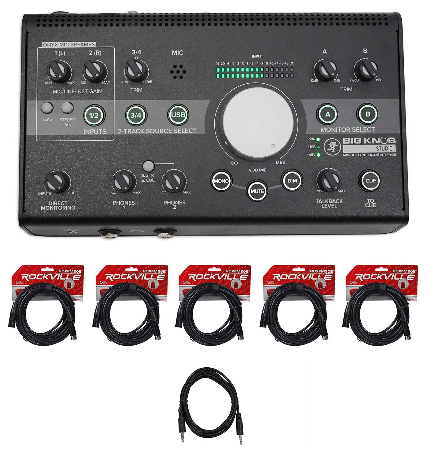 Mackie Big Knob Studio 3x2 Monitor Controller 96kHz USB I/O+XLR Cables+AUX Cable