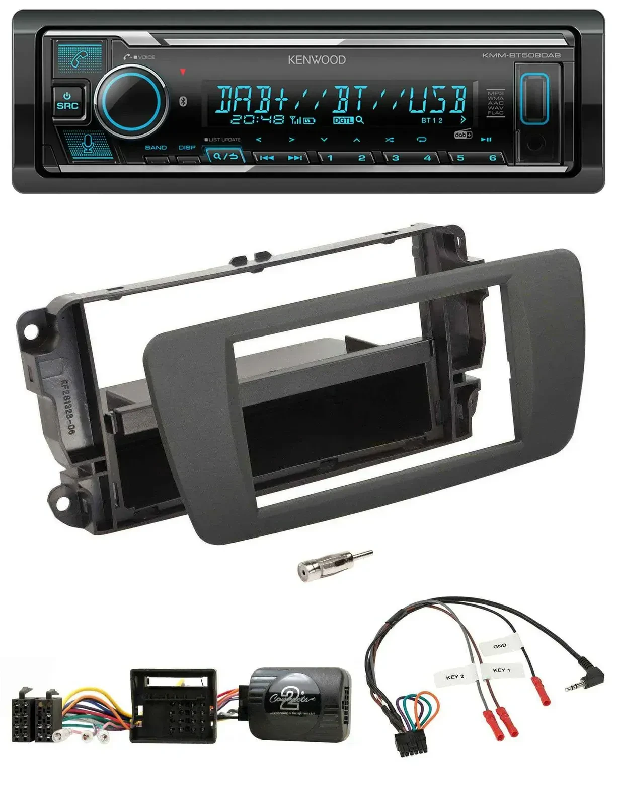 Автомагнитола для Seat Ibiza Kenwood Bluetooth, DAB, USB, поддержка кнопок на руле, серый