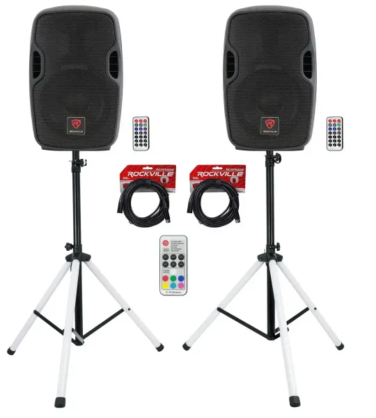 (2) Rockville BPA8 8" Powered 300w DJ PA Speakers wBluetooth+LED Stands+Cables