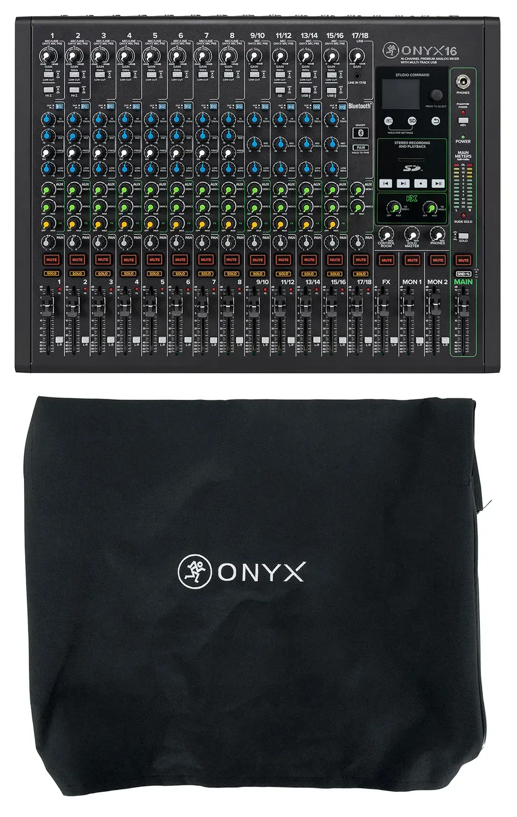 Аналоговый микшер Mackie Onyx16 16-канальный, USB, Bluetooth, 3-Band EQ, с чехлом