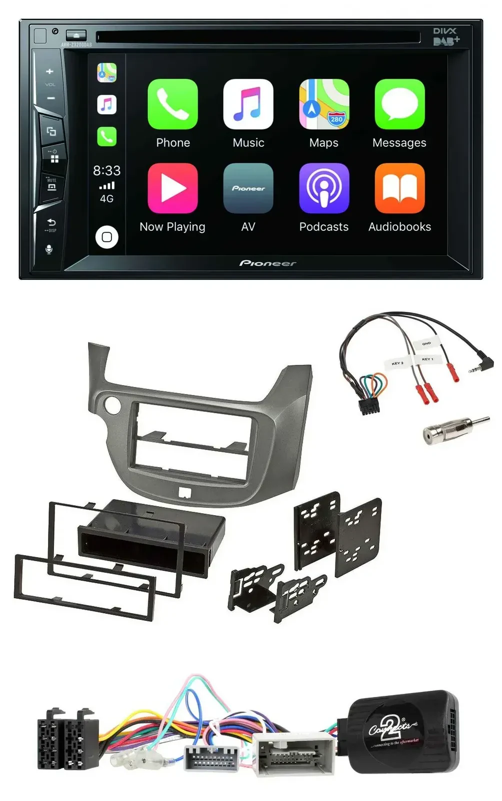 Автомагнитола Pioneer 2-DIN USB DVD Bluetooth DAB для Honda Jazz (с 2014), серебристая