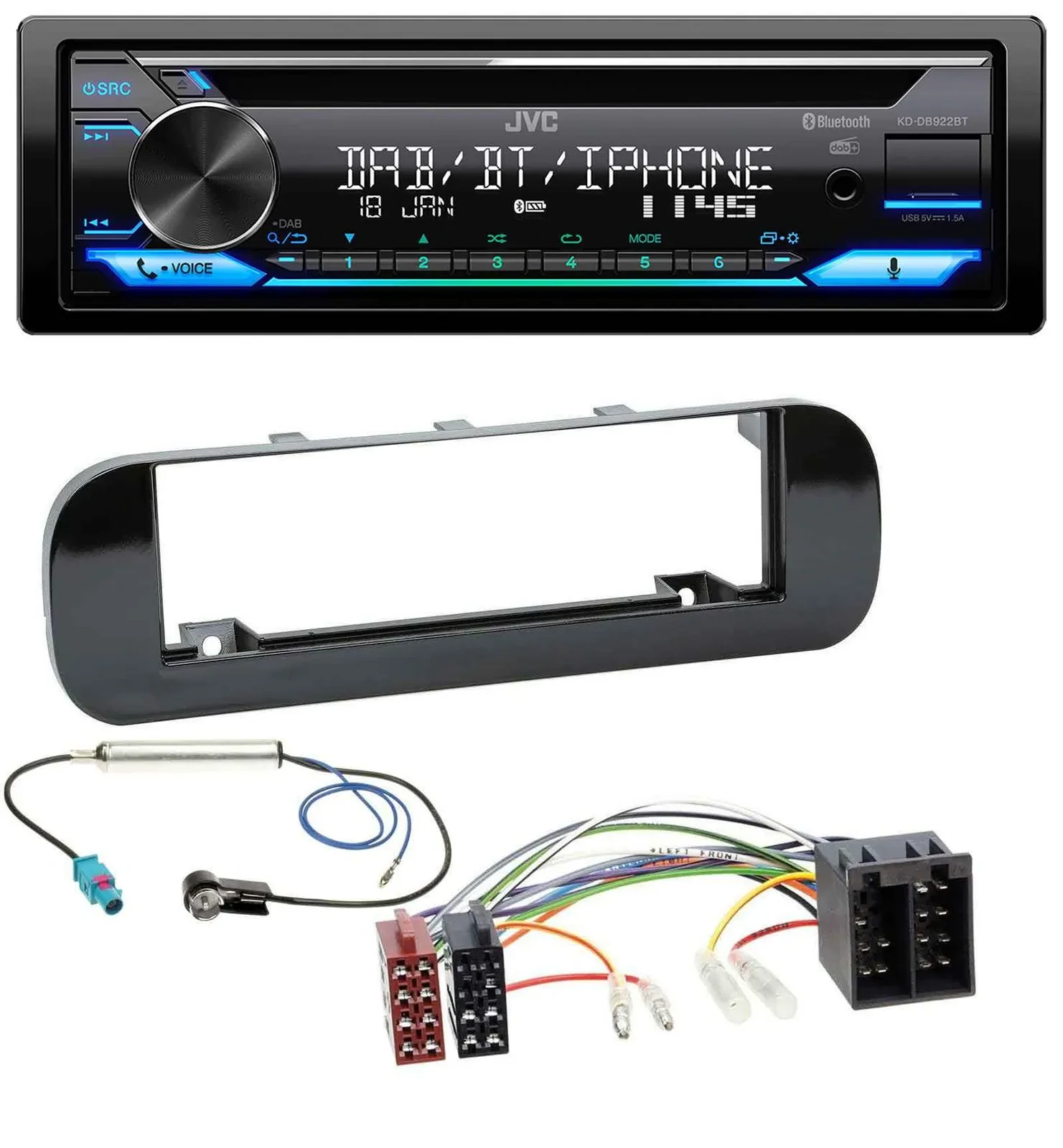 JVC Bluetooth MP3 USB DAB CD Autoradio für Fiat Panda (ab 2012) - glänzend