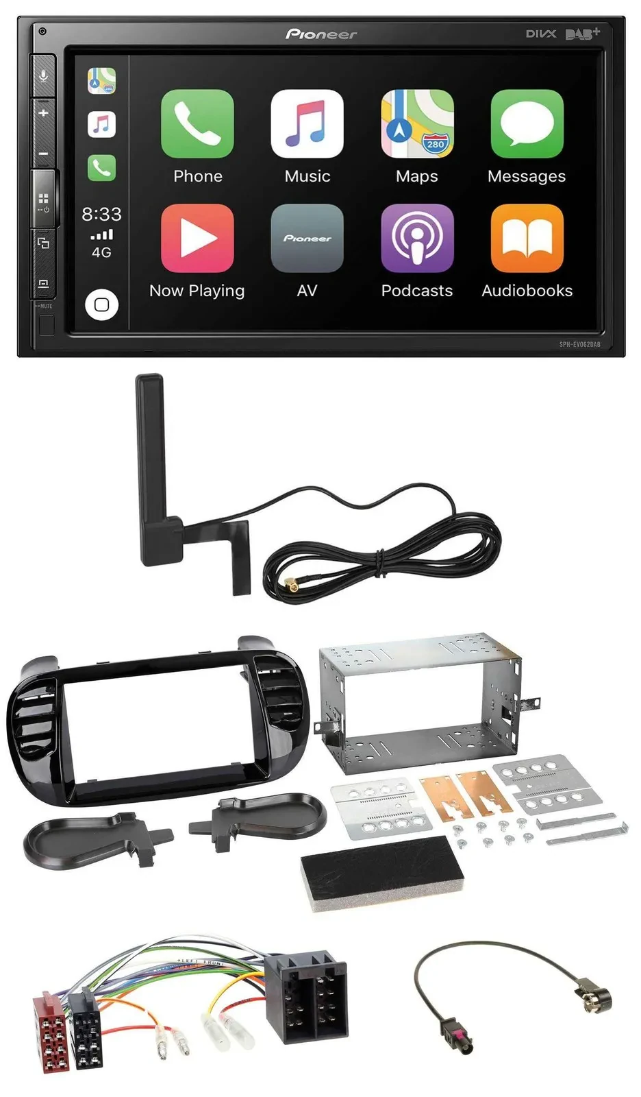 Автомагнитола для Fiat 500 Pioneer 2-DIN, Bluetooth, DAB, USB, MP3, черная