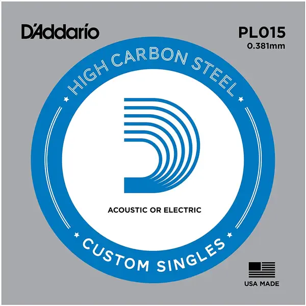 Струна для акустической и электрогитары D'Addario PL015 High Carbon Steel Custom Singles, сталь, калибр 15