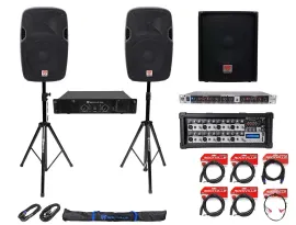 (2) Rockville 12" 1200W DJ PA Speakers+Sub+Stands+Crossover+Powered Mixer+Cables