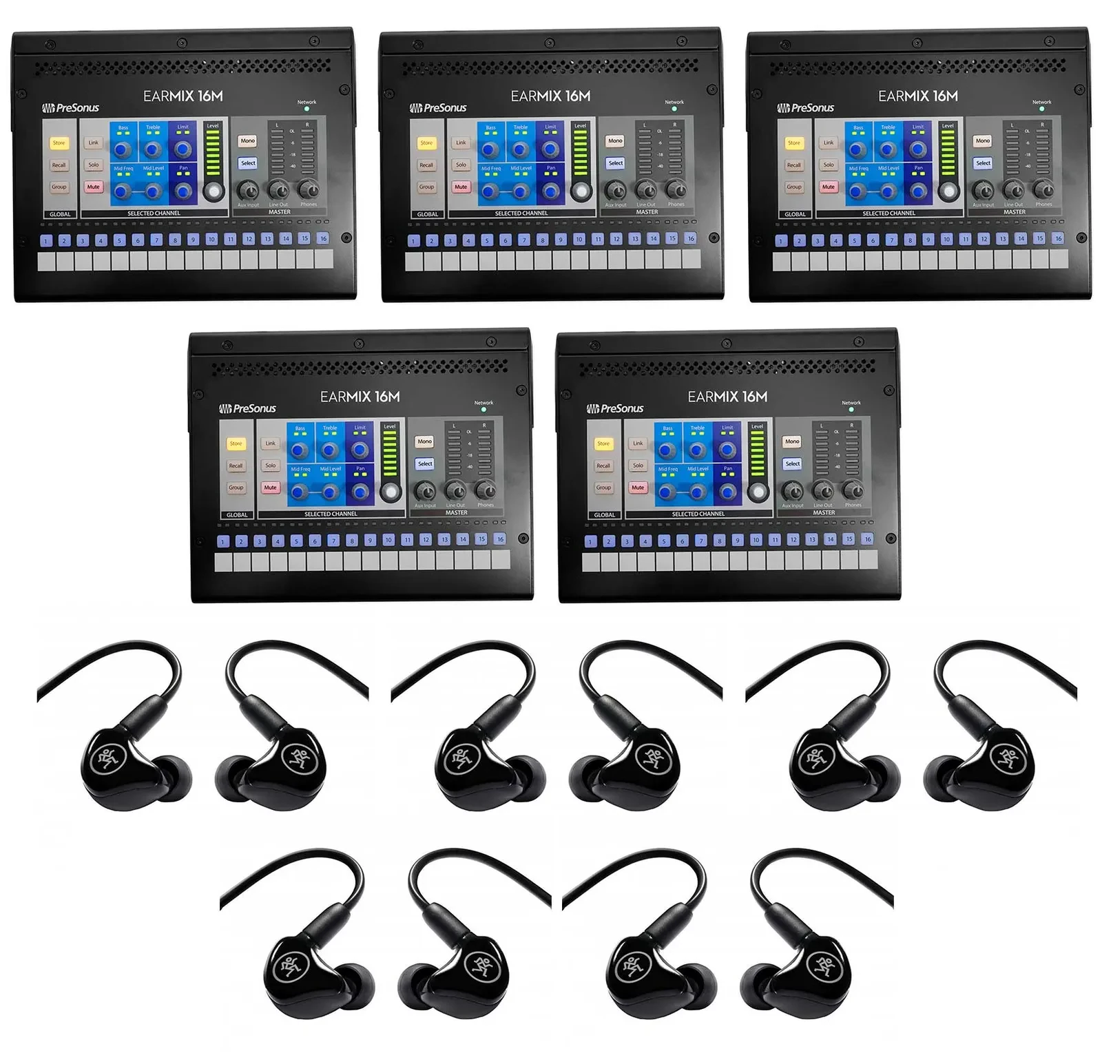 5 PRESONUS EarMix 16M 16x2 16-Ch. AVB In-Ear Monitor Mixers+Mackie Pro Monitors
