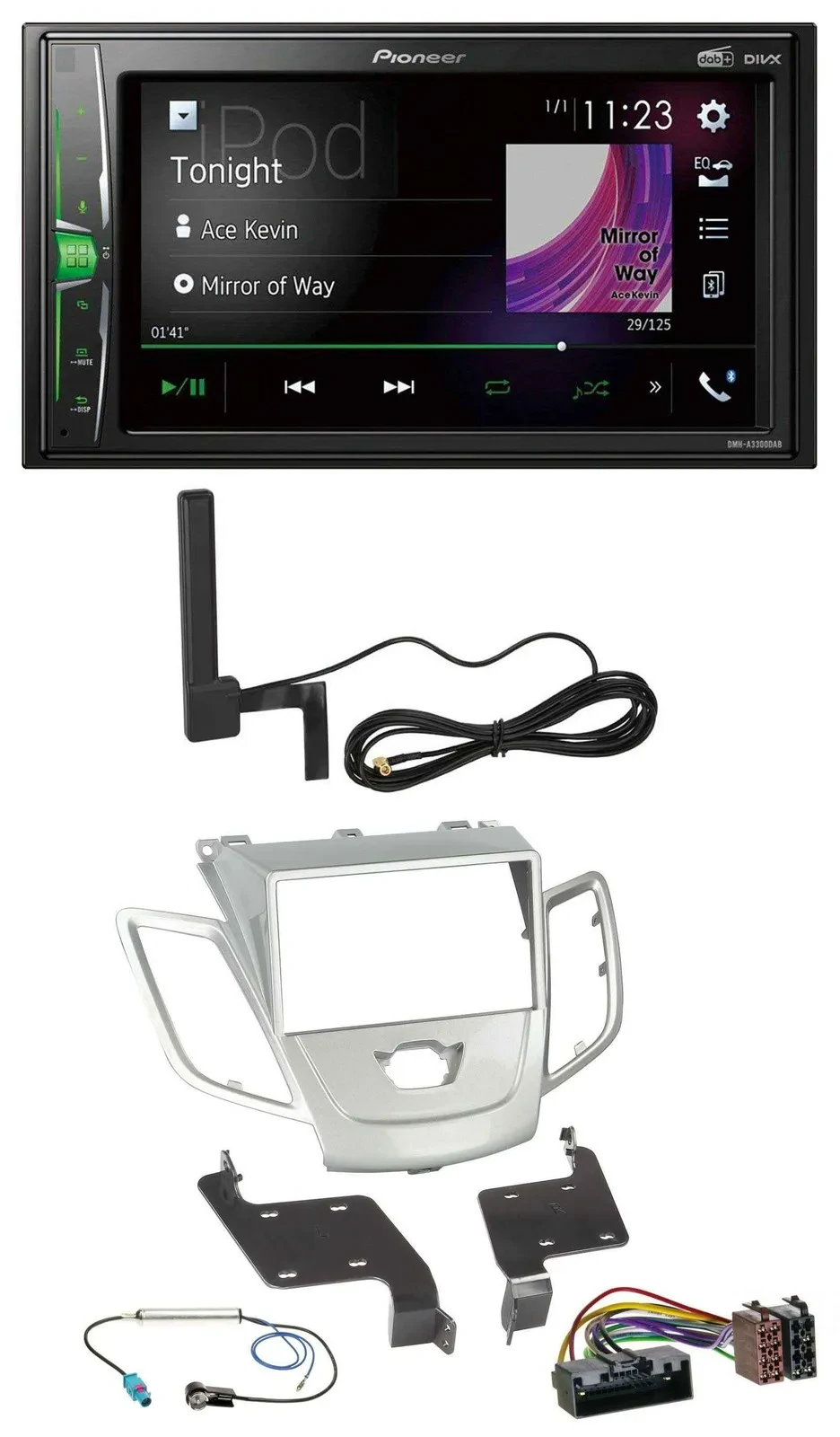 Автомагнитола для Ford Fiesta 2010–2017 Pioneer 2DIN, DAB, Bluetooth, MP3, AUX, серебристая