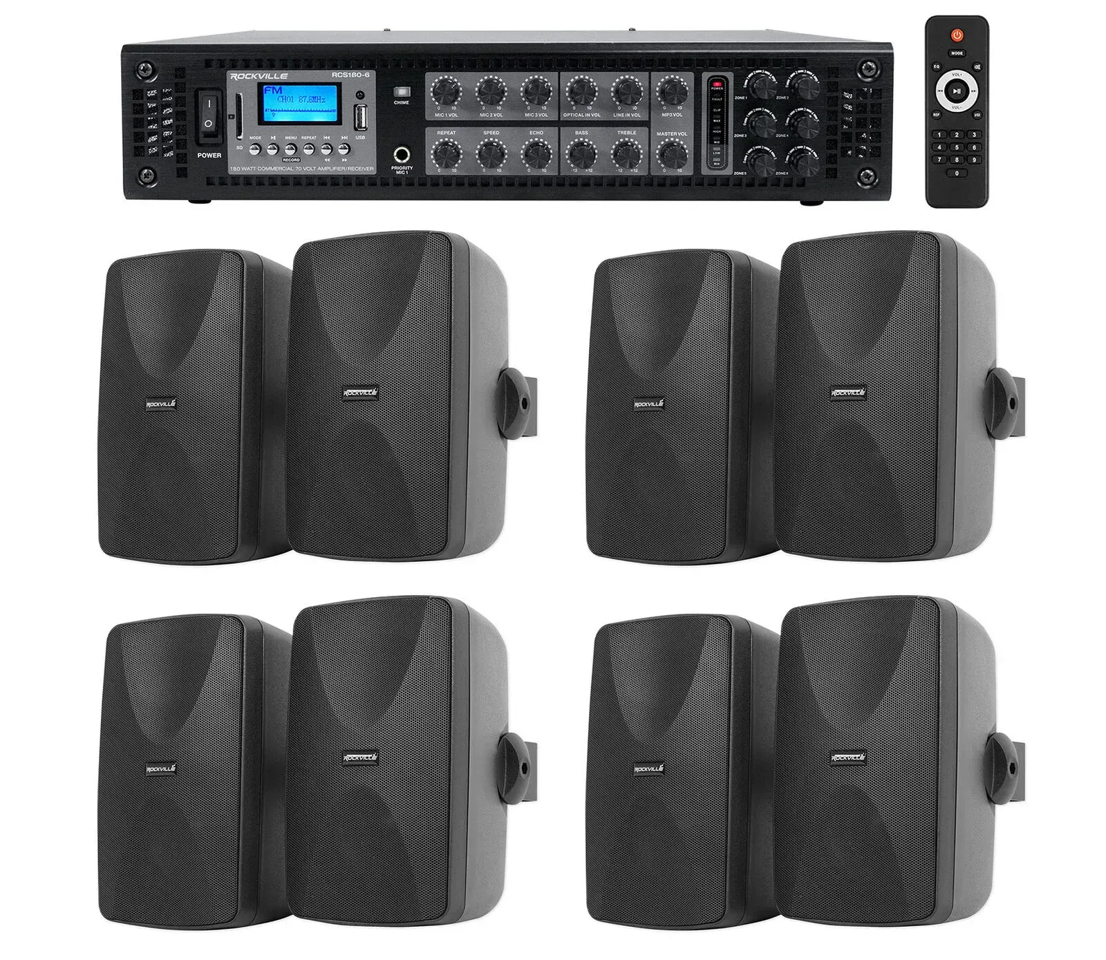 Настенная акустика Rockville RCS180-6+(8) WET-5B Black с усилителем (8 штук)