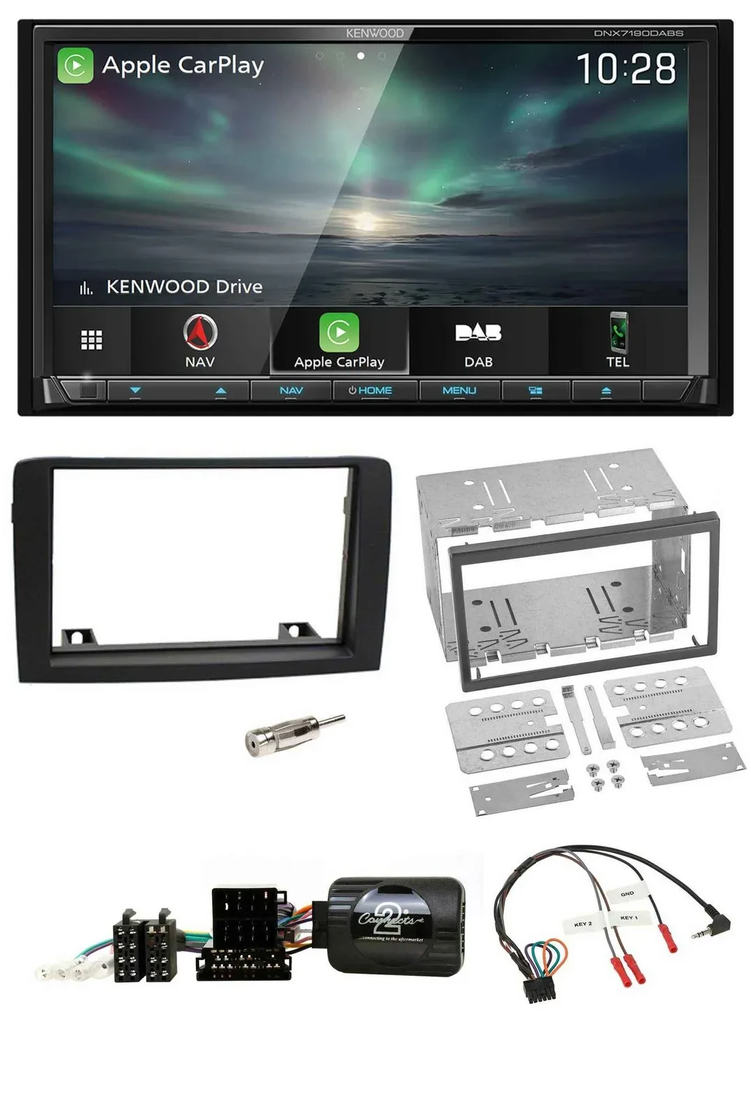 Kenwood Bluetooth USB 2DIN Lenkrad TMC DAB Navigation für Fiat Idea 06-12 schwar