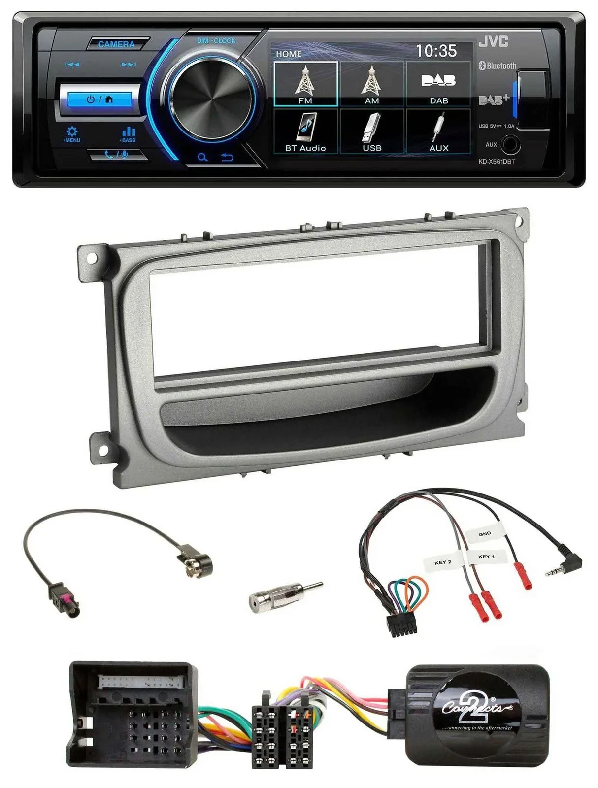 Автомагнитола JVC Bluetooth, USB, DAB, управление с руля, для Ford C‑Max/Focus/Galaxy (с 2007), серебристый