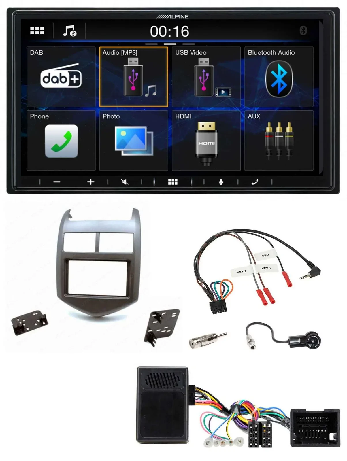 Alpine Bluetooth 2DIN Lenkrad DAB USB Autoradio für Chevrolet Aveo ab 11 dunkelg